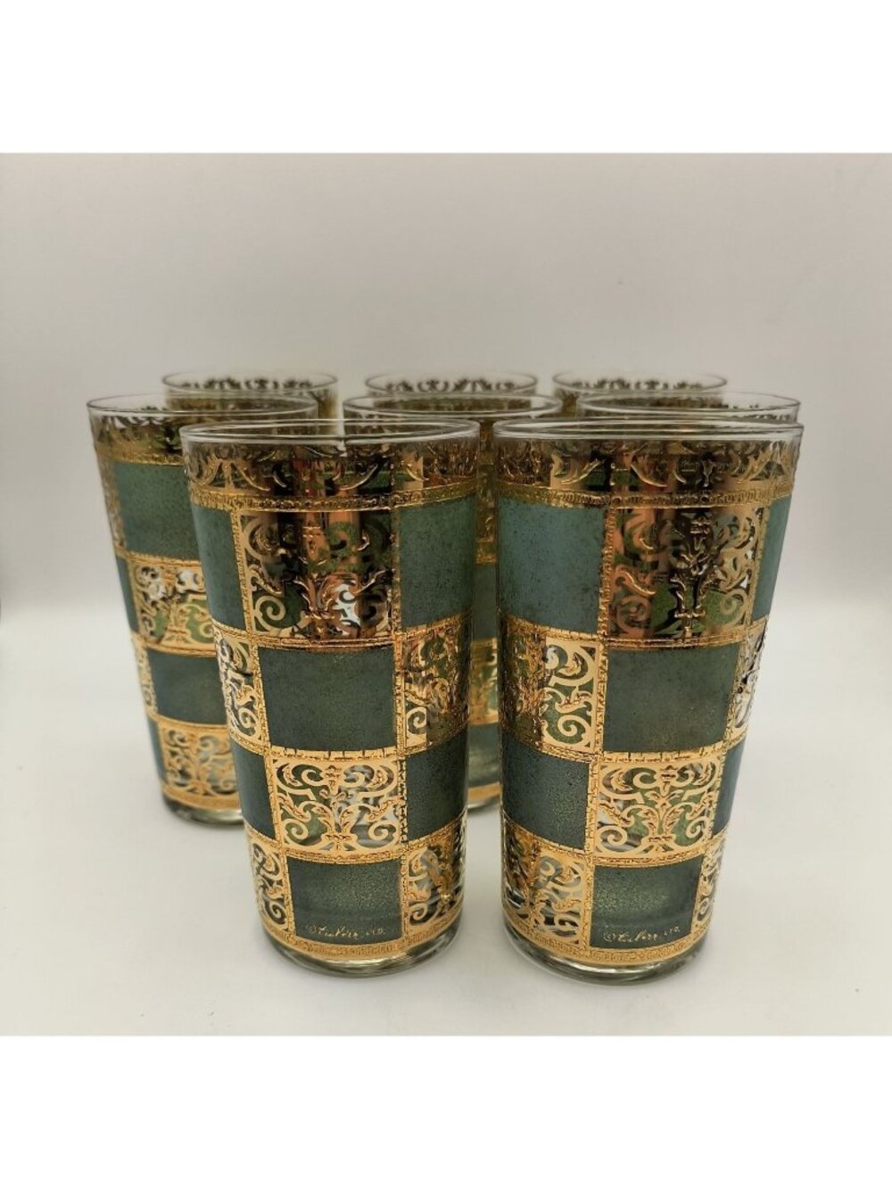 Culver Turquoise & Raised Gold 22K Tumblers Prado Design Signed Set Of 6 Vintage